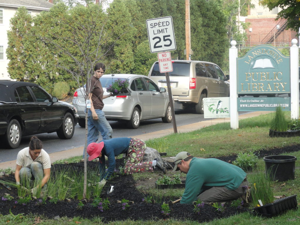Volunteers are planting a rain garden at a public library.