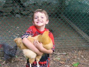 kid hugging chickens