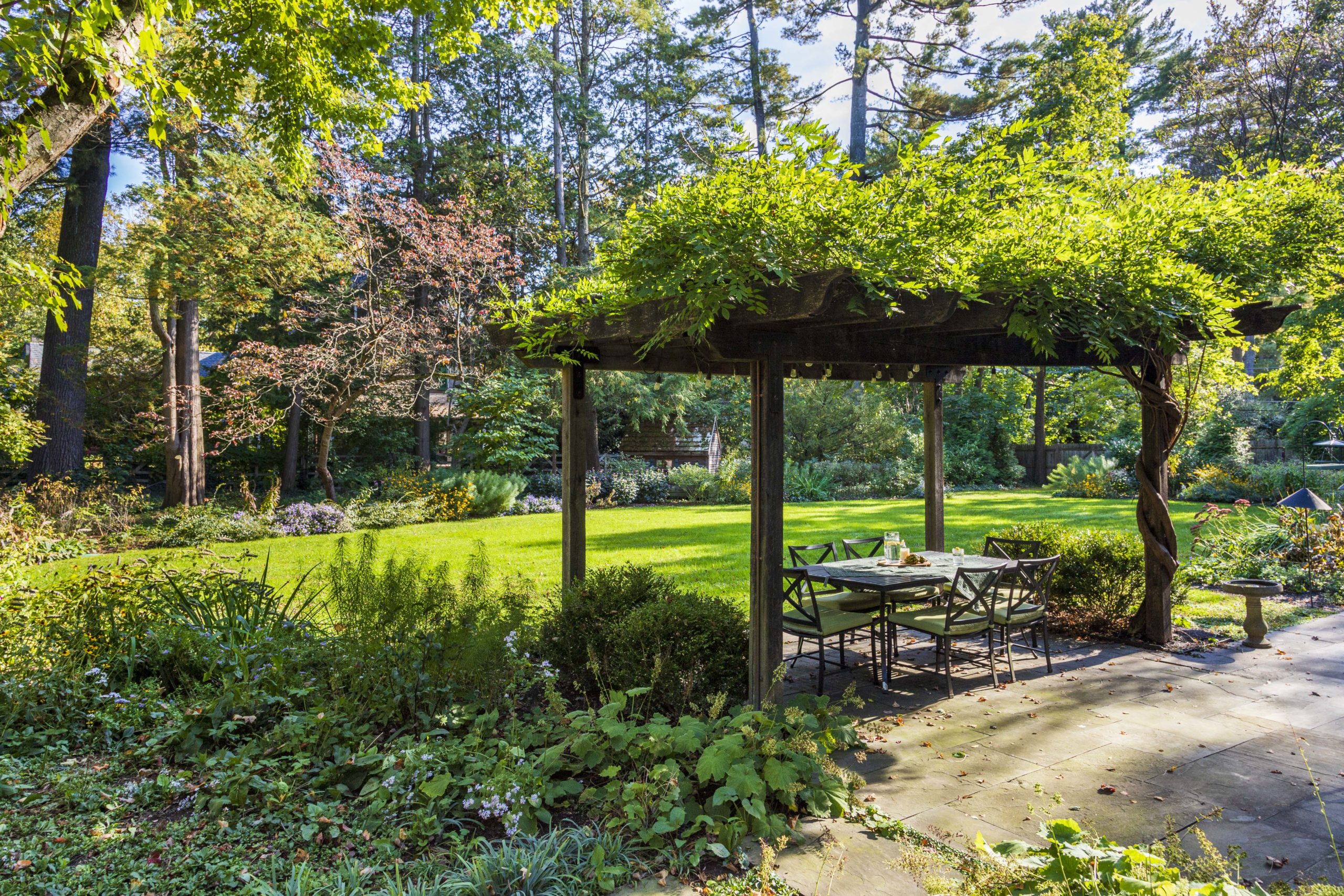 Wisteria covers a wooden pergola with a view of a lush, ellipse-shaped native perennial garden.